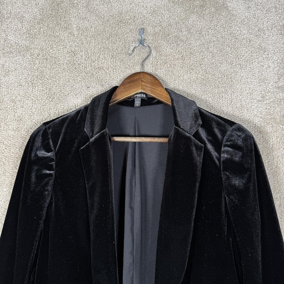 Express Blazer Jacket Womens Small Black Velvet Longline Open Front Party Formal - Picture 3 of 10